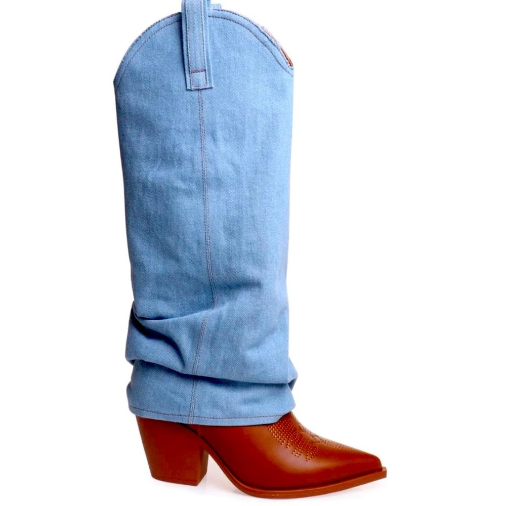 Doll Country: Almond Brown Western Boot with Lightwash Denim Overlay 11